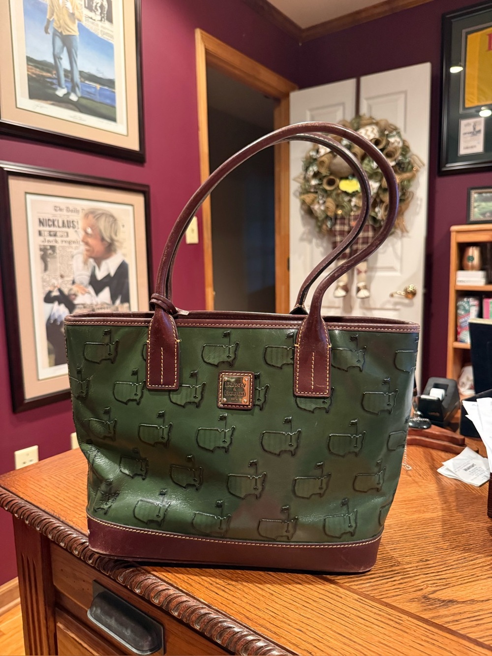 Dooney & Bourke Green Tote with Brown Leather Trim